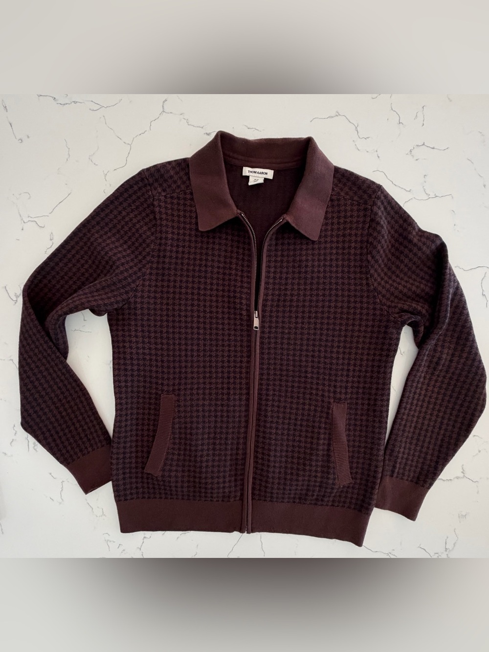Thom Aaron Houndstooth Zip Cardigan Sweater Men M Brown Grandpacore Preppy